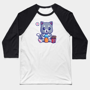 Cute Cat Drink Soda And Eating French Fries Cartoon Baseball T-Shirt